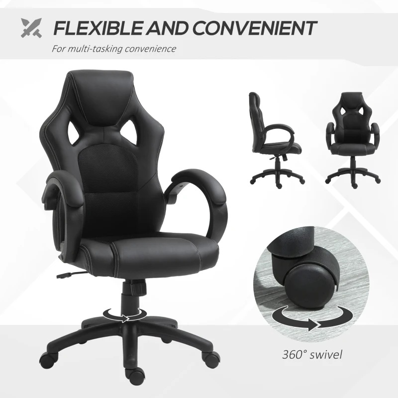 Vinsetto High-Back Gaming Chair with 360-degree Swivel & Wheels, Faux Leather Computer Racing Gamer Desk Chair for Home Office, Black