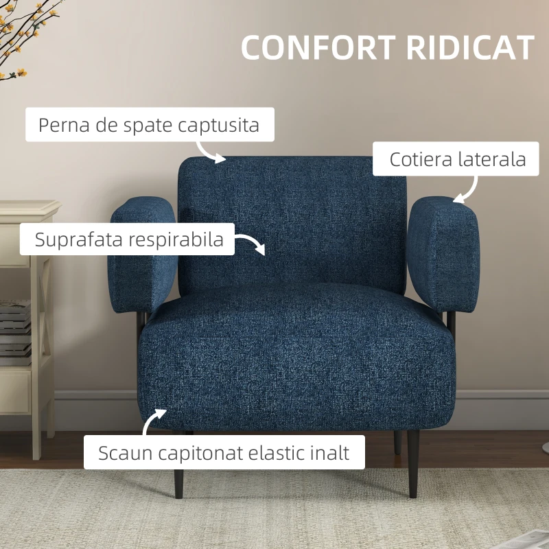 HOMCOM Fotoliu Modern pentru Șemineu cu Picioare din Oțel, Scaun cu Efect Tapițat, 89x72,5x76 cm, Albastru