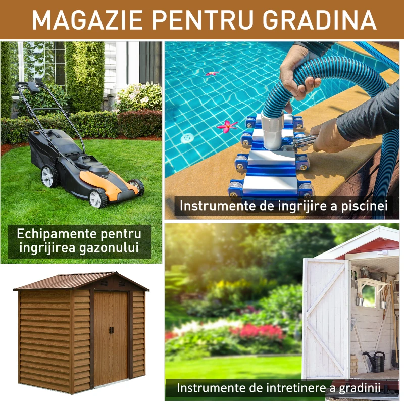 Outsunny Magazie de Gradina, Suport pentru Unelte din Otel cu Usi Glisante si Orificii de Aerisire, 196x236x208 cm, Maro