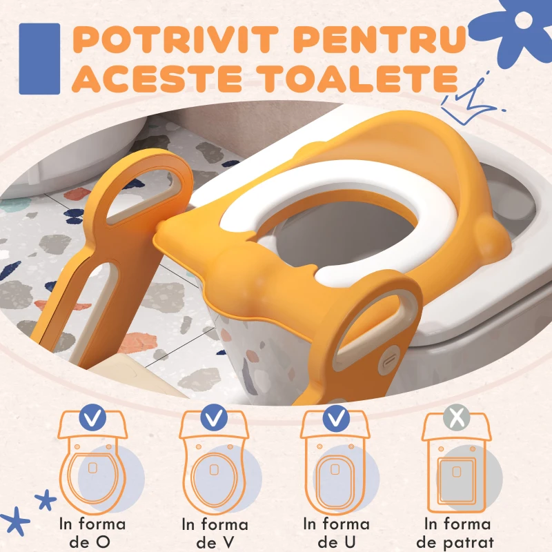 ZONEKIZ Reductor și Scăunel Înălțător WC cu Scară Reglabilă, Mânere și Pernă Detașabilă, 67,9x42,8x51,5 cm, Portocaliu