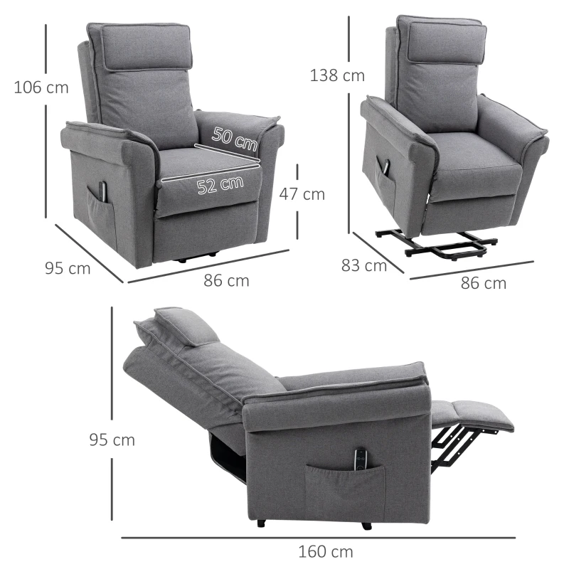 HOMCOM Fotoliu Relaxant cu Ridicare și Funcție de Masaj, Fotoliu Rabatabil la 150° cu Suport pentru Picioare, 86x95x106 cm, Gri