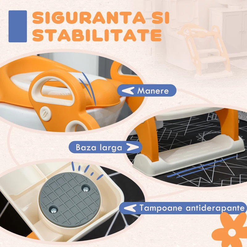 ZONEKIZ Reductor și Scăunel Înălțător WC cu Scară Reglabilă, Mânere și Pernă Detașabilă, 67,9x42,8x51,5 cm, Portocaliu