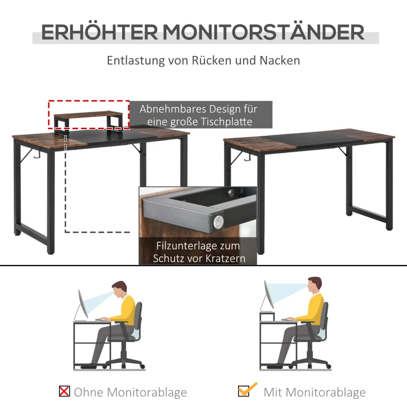 HOMCOM Computertisch Schreibtisch PC Tisch Bürotisch mit Motorhalterung Kopfhorerhaken Industriestil Spanplatte Metall Rustikales Braun+Schwarz 120 x 60 x 73,5 cm