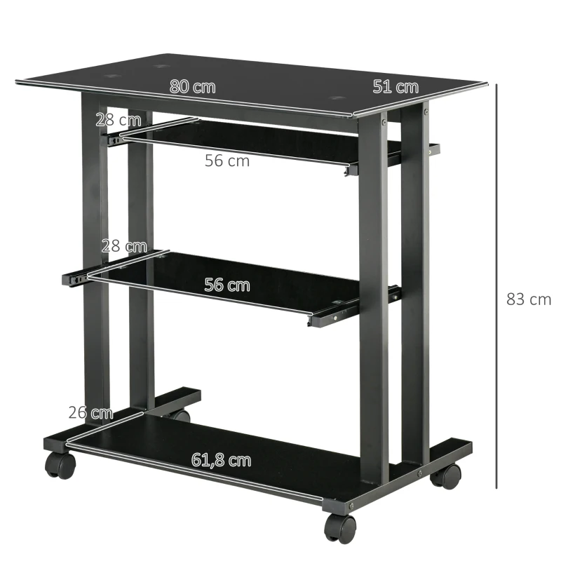 HOMCOM Computertisch Eckschreibtisch Winkelschreibtisch Schreibtisch Bürotisch PC moderner einfacher Stil Hartglas Eisenrohr Schwarz 80 x 51 x 83 cm