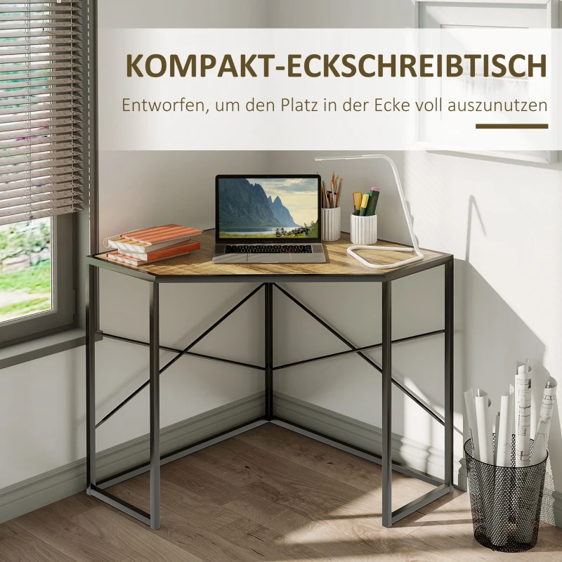 HOMCOM Eckschreibtisch Industrie Design 80 cm × 80 cm × 77,5 cm Metall Holzwerkstoff Schwarz + Braun