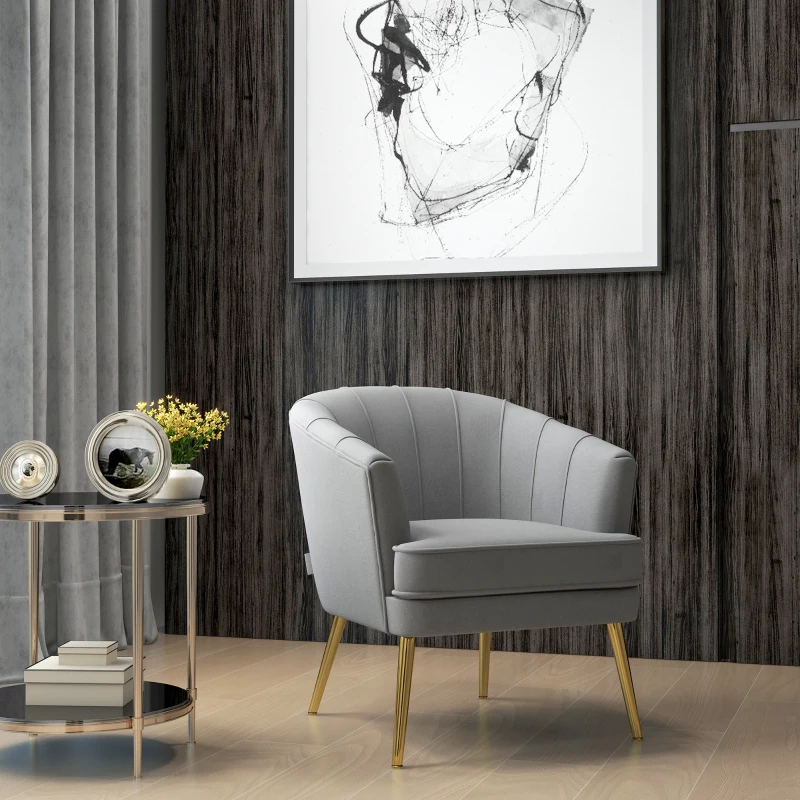 HOMCOM Scaun de Efect din Material Textil, Fotoliu din Catifea, Fotoliu Modern pentru Camera de Zi cu Picioare Metalice Aurii si Captuseala Groasa pentru Dormitor, Gri