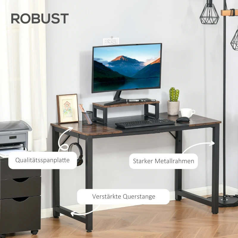 HOMCOM Computertisch Schreibtisch PC Tisch Bürotisch mit Motorhalterung Kopfhorerhaken Industriestil Spanplatte Metall Rustikales Braun+Schwarz 120 x 60 x 73,5 cm