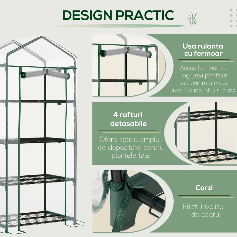 Outsunny Sera pentru Balcon Compacta cu 4 Rafturi pentru Plante, Sera pentru Gradina cu Acoperis din PVC Transparent, 70x50x160cm
