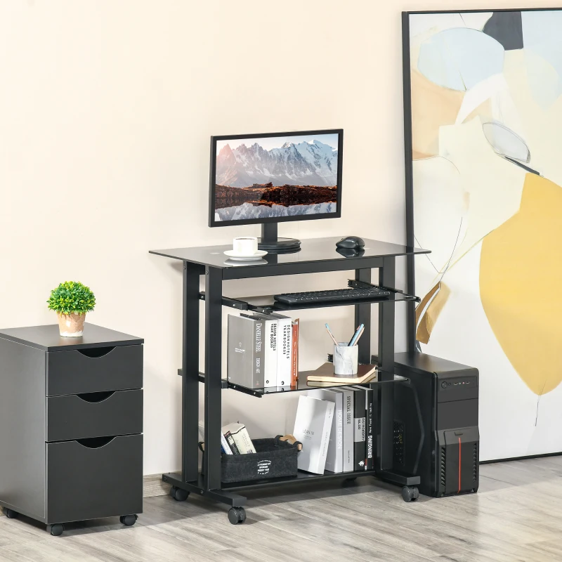 HOMCOM Computertisch Eckschreibtisch Winkelschreibtisch Schreibtisch Bürotisch PC moderner einfacher Stil Hartglas Eisenrohr Schwarz 80 x 51 x 83 cm