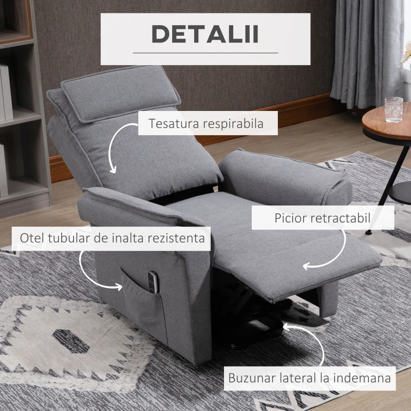 HOMCOM Fotoliu Relaxant cu Ridicare și Funcție de Masaj, Fotoliu Rabatabil la 150° cu Suport pentru Picioare, 86x95x106 cm, Gri