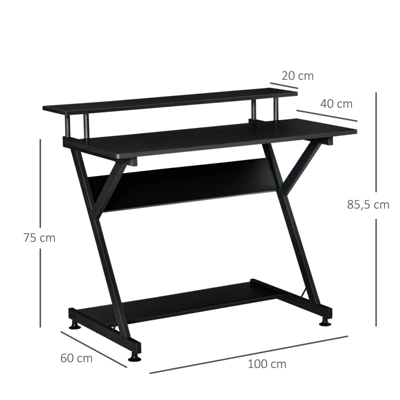 HOMCOM Computertisch Winkelschreibtisch industrieller Stil mit Höhenverstellbar Fußbett Schreibtisch Bürotisch Höhenverstellbar Fußbett MDF Metall Schwarz 100 x 60 x 85,5 cm