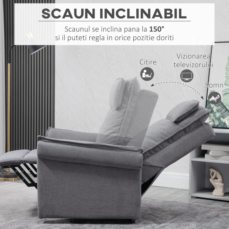 HOMCOM Fotoliu Relaxant cu Ridicare și Funcție de Masaj, Fotoliu Rabatabil la 150° cu Suport pentru Picioare, 86x95x106 cm, Gri