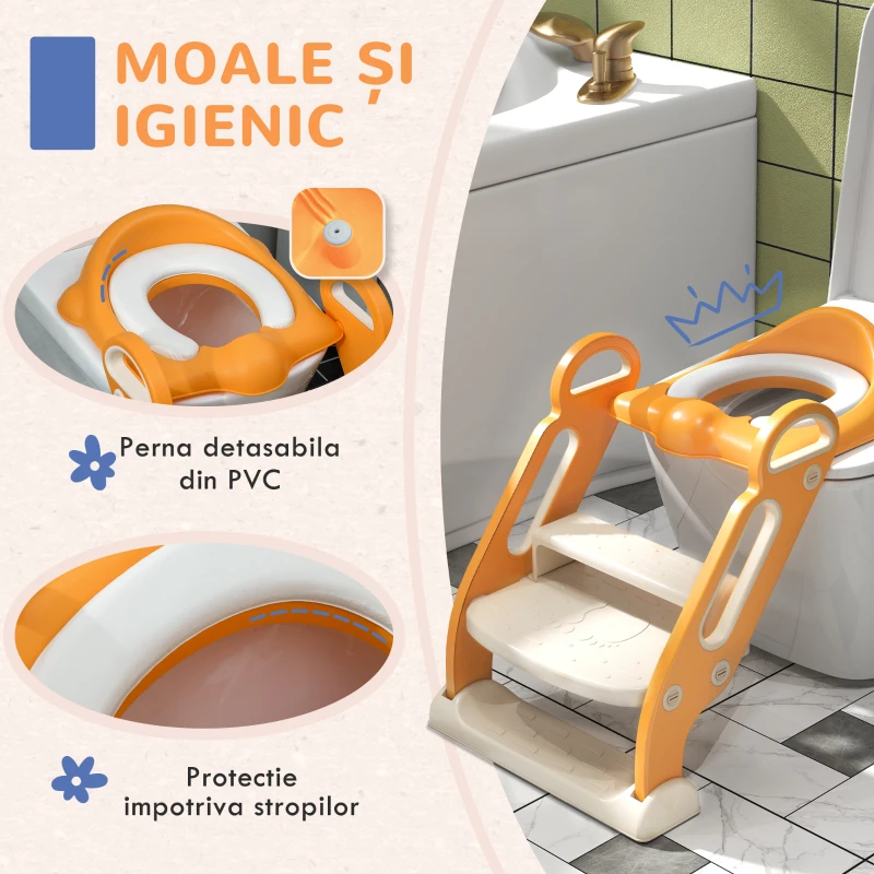 ZONEKIZ Reductor și Scăunel Înălțător WC cu Scară Reglabilă, Mânere și Pernă Detașabilă, 67,9x42,8x51,5 cm, Portocaliu
