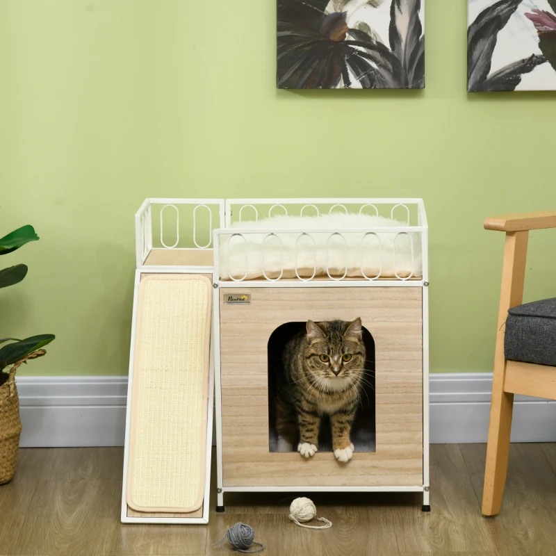 PawHut Casa Confortabila pentru Pisici, Pestera de Dormit pentru Pisici cu 2 Perne, Scara de Zgariat, Picioare Reglabile, Intrare - Efect de Lemn Natur