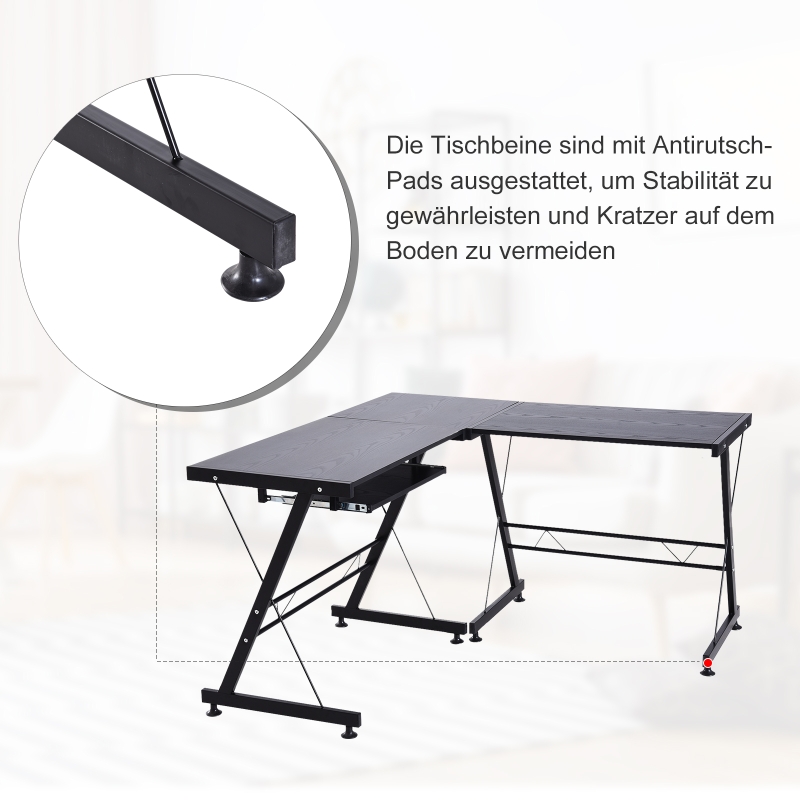 HOMCOM biurko komputerowe, biurko narożne, stolik na laptopa, elastyczne stanowisko robocze MDF Stal Czarny 210 x 50 x 73,5 cm