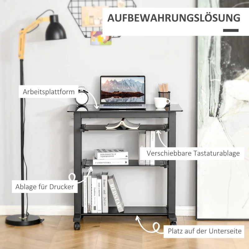 HOMCOM Computertisch Eckschreibtisch Winkelschreibtisch Schreibtisch Bürotisch PC moderner einfacher Stil Hartglas Eisenrohr Schwarz 80 x 51 x 83 cm