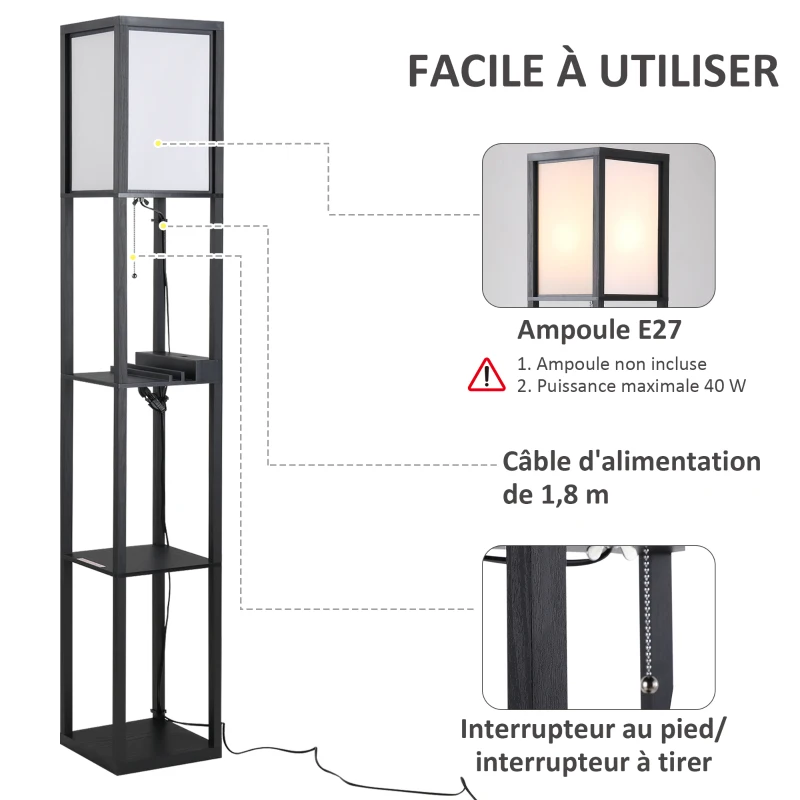 HOMCOM Lampadaire étagère Lampe étagère 26L x 26l x 160H cm 3 étagères 4 Niveaux MDF Noir