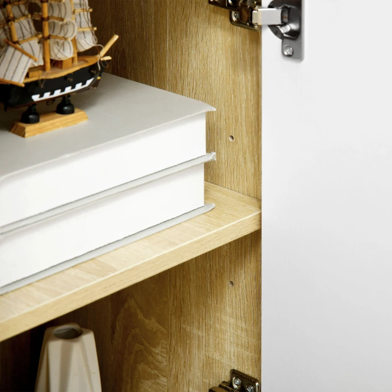 HOMCOM Bufet Modern din PAL si Lemn de di Pin cu 3 Sertare si 2 Dulapioare cu 2 Niveluri, 90x32x80 cm, Alb si Lemn Natur