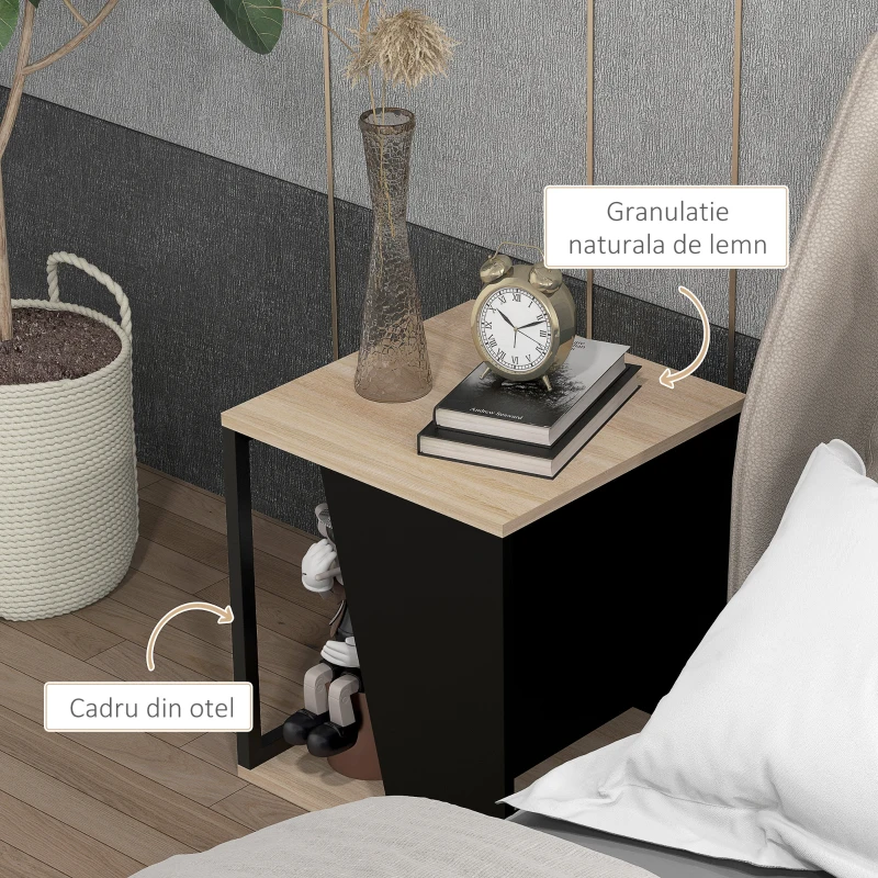 HOMCOM Set de Doua Masute de Cafea Trapezoidale cu Compartiment pentru Obiecte din PAL si Otel, 40x40x45cm, Negru si Stejar