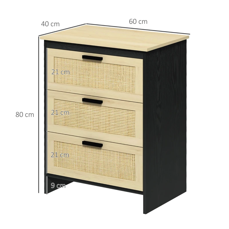 HOMCOM Comoda cu 3 Sertare din PAL si Ratan pentru Sufragerie si Dormitor, 60x40x80 cm, Negru si Lemn Natur