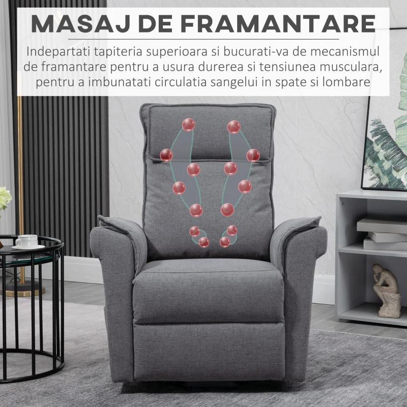 HOMCOM Fotoliu Relaxant cu Ridicare și Funcție de Masaj, Fotoliu Rabatabil la 150° cu Suport pentru Picioare, 86x95x106 cm, Gri