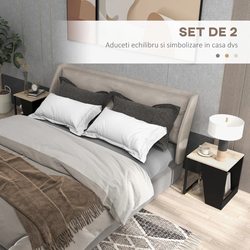 HOMCOM Set de Doua Masute de Cafea Trapezoidale cu Compartiment pentru Obiecte din PAL si Otel, 40x40x45cm, Negru si Stejar