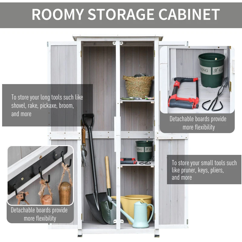 Outsunny Magazie din Lemn de Brad pentru Unelte cu 3 Niveluri, cu Acoperis din Bitum si Carlige, 77x58x175 cm, Gri