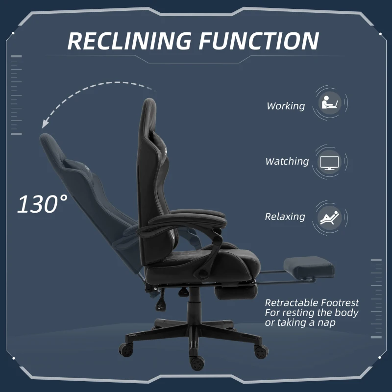 Vinsetto Computer Gaming Chair with Footrest, Video Gaming Chair for Adults with 130° Reclining Back, Desk Chair with Lumbar Support and Adjustable Height, Black