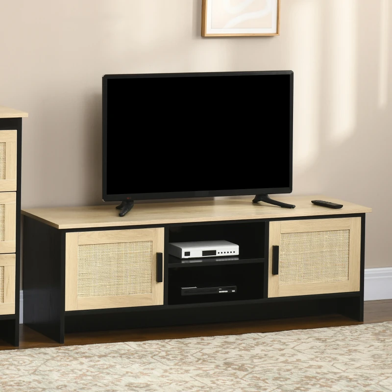 HOMCOM Dulap Suport TV Pana la 60" cu 2 Dulapioare si Rafturi Deschise, Mobilier de Sufragerie Stil Boho cu Insertii de Ratan, 120x40x42 cm