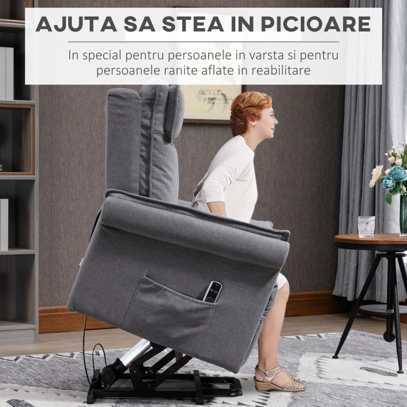 HOMCOM Fotoliu Relaxant cu Ridicare și Funcție de Masaj, Fotoliu Rabatabil la 150° cu Suport pentru Picioare, 86x95x106 cm, Gri