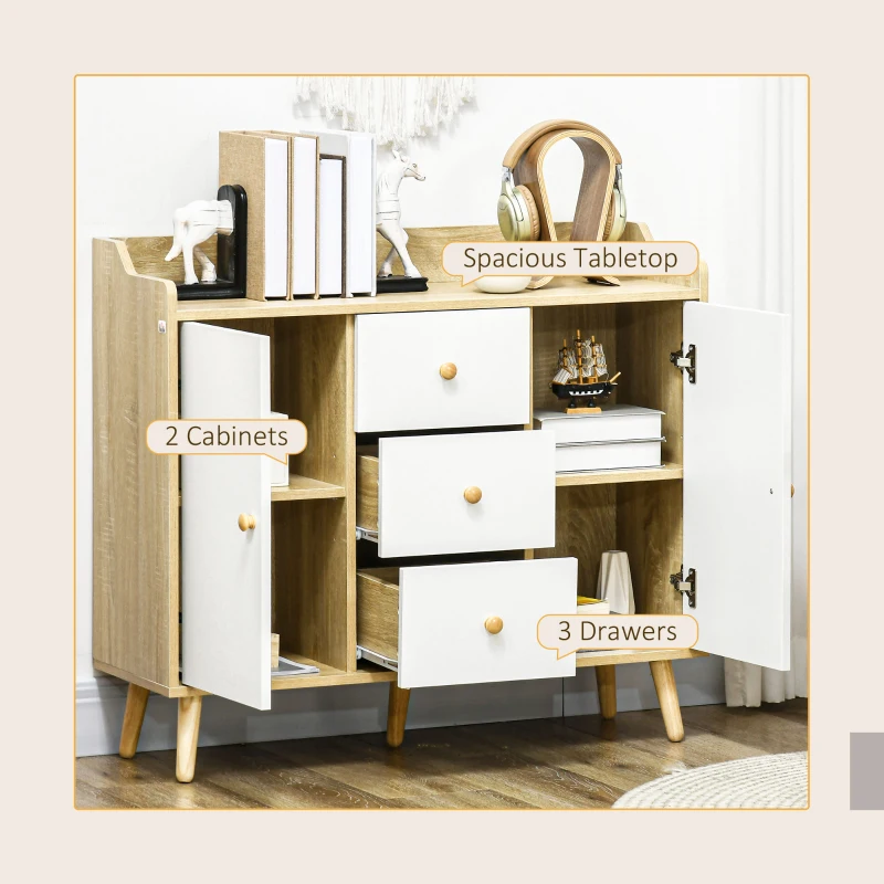 HOMCOM Bufet Modern din PAL si Lemn de di Pin cu 3 Sertare si 2 Dulapioare cu 2 Niveluri, 90x32x80 cm, Alb si Lemn Natur