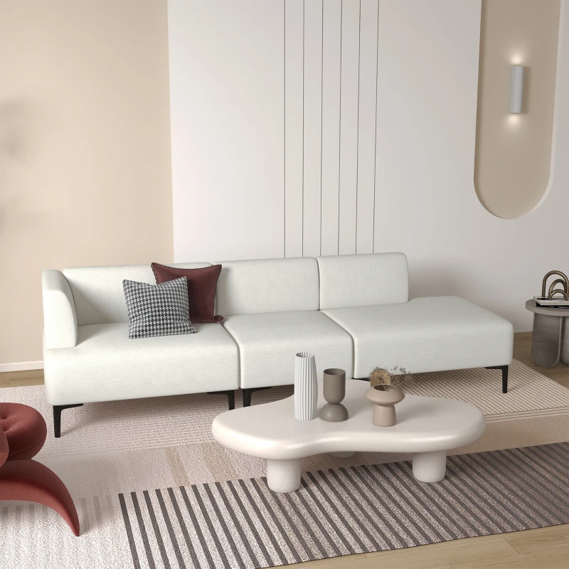 HOMCOM Canapea Moderna Modulabila cu 3 Sectiuni, Canapea Sectionala din Stofa cu Picioare din Otel, 250x75x70cm, Alb Crem