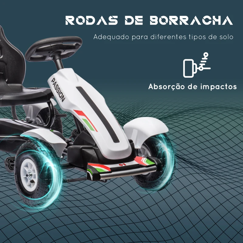 HOMCOM Kart a Pedais para Crianças com Assento Ajustável Pneus de Goma Travão de Mão para Crianças de 5-12 Anos 121x58x61 cm Branco
