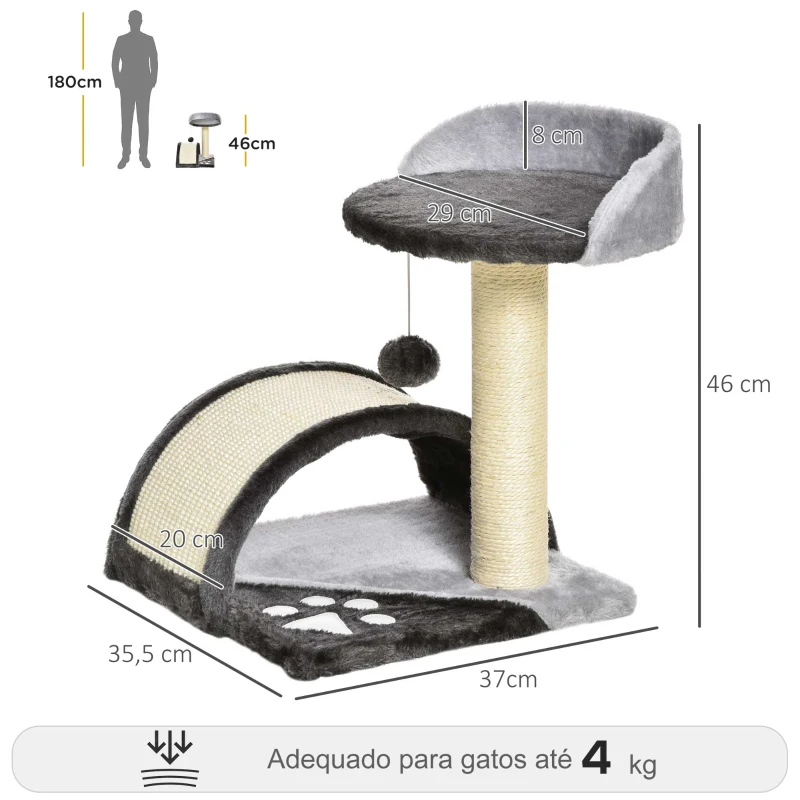 PawHut Árvore Arranhador para Gatos de 2 Níveis com Poste e Tapete de Arranhar Cama e Bola Suspensa 35,5x37x46 cm Cinza