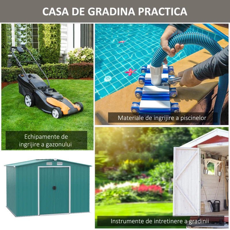 Outsunny Sopron de Gradina Pentru Unelte din Tabla de Otel, Magazie de Gradina din Otel cu Usi Glisante, 260x206x179 cm, Verde