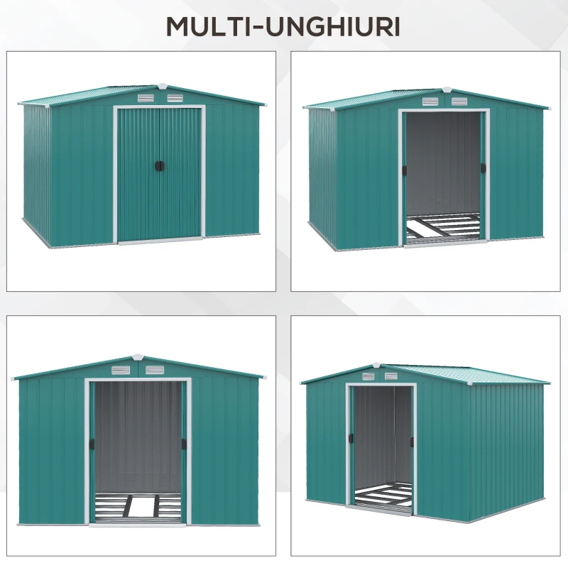 Outsunny Sopron de Gradina Pentru Unelte din Tabla de Otel, Magazie de Gradina din Otel cu Usi Glisante, 260x206x179 cm, Verde