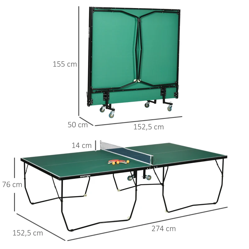 SPORTNOW Mesa de Ping Pong Dobrável Profissional Tamanho Padrão com Rede Raquetes e 3 Bolas 274x152,5x76 cm Verde