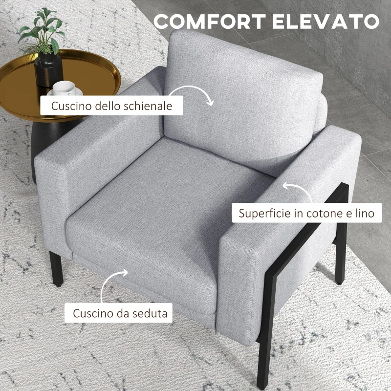 HOMCOM Poltroncina Imbottita per Soggiorno e Camera con Cuscini per Seduta e Schienale, 82x70x83.5 cm, Grigio