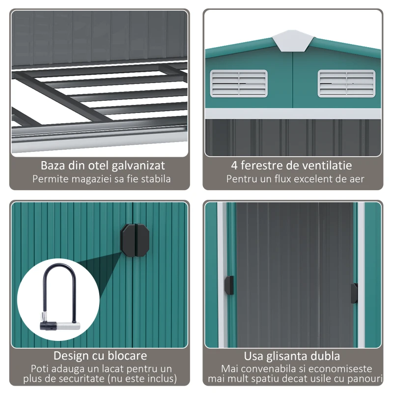 Outsunny Sopron de Gradina Pentru Unelte din Tabla de Otel, Magazie de Gradina din Otel cu Usi Glisante, 260x206x179 cm, Verde