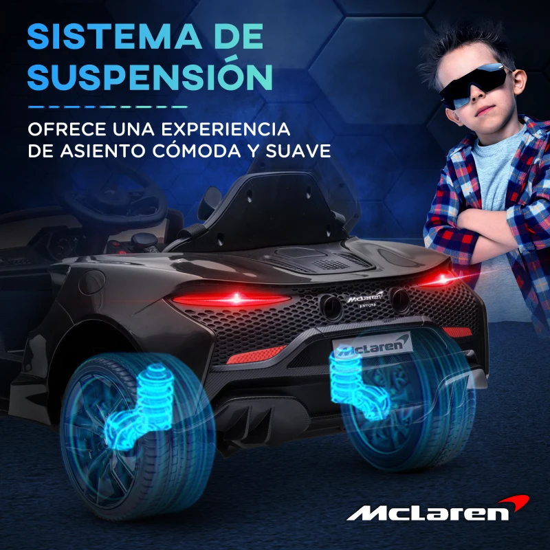 HOMCOM Coche Eléctrico 12V para Niños Mclaren con Mando a Distancia Música Bocina Faros Velocidad 2-5 km/h 126x65x52 cm Negro