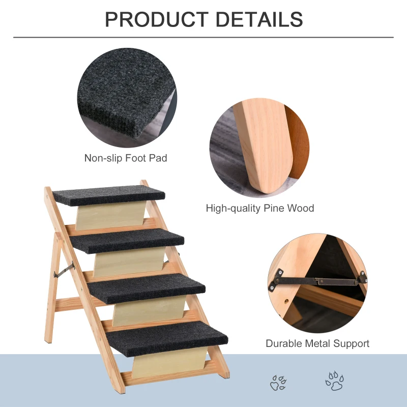 PawHut Dog Steps Pet Stairs 2 In 1 Convertible Dog Ramp Portable Foldable 4 Steps Cat Ladder for Bed Couch Car 80 x 47 x 64 cm