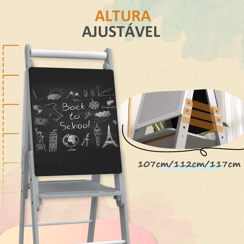 AIYAPLAY Cavalete para Crianças com Quadro Branco e Quadro Negro com Altura Ajustável Cavalete de Arte para Desenhos 3 em 1 com Rolo de Papel 40x56x107/112/117 cm Cinza