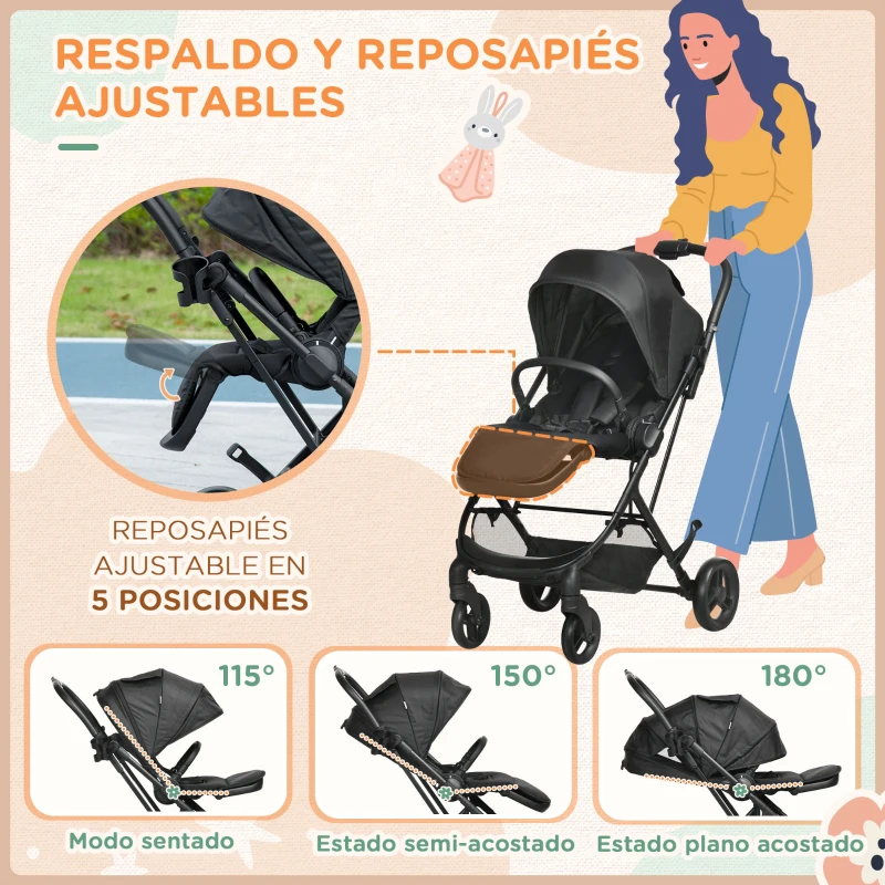 HOMCOM Silla de Paseo Ligera con Asiento Reversible y Reclinable Cochecito para Bebé de 0-36m Plegable 83x59x104cm Negro