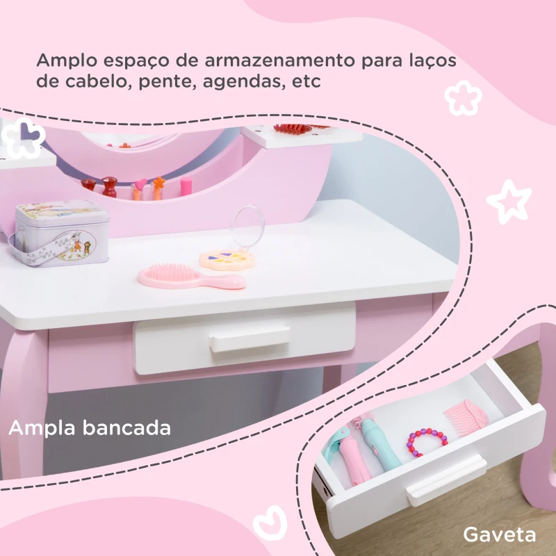 ZONEKIZ Toucador Infantil com Banco Espelho e Gaveta Mesa de Maquilhagem para Crianças entre 3-6 Anos 65,5x46x93cm Rosa