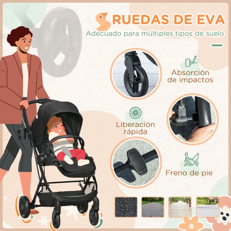 HOMCOM Silla de Paseo Ligera con Asiento Reversible y Reclinable Cochecito para Bebé de 0-36m Plegable 83x59x104cm Negro