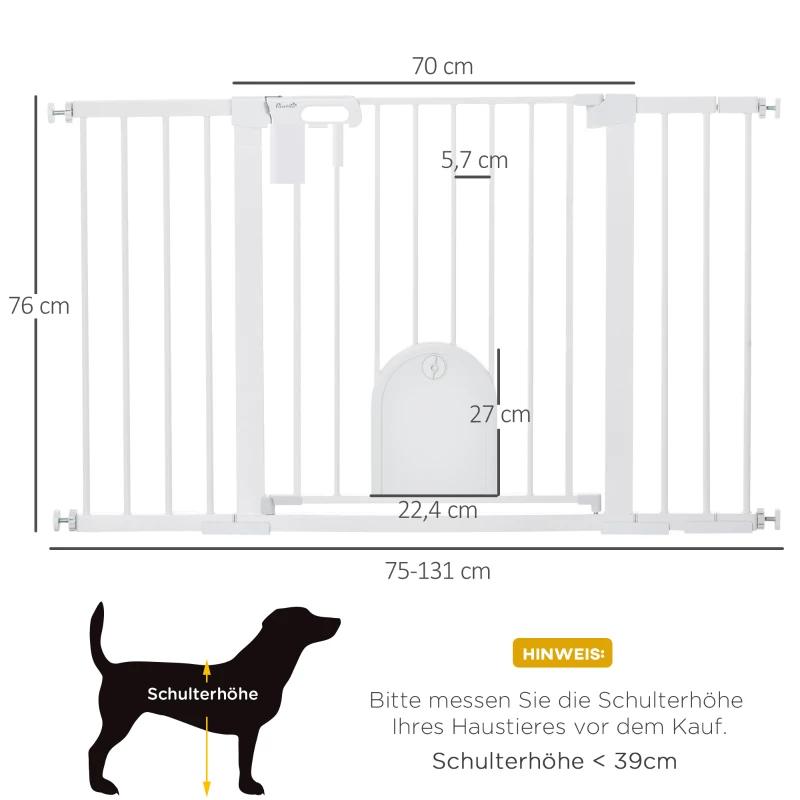 PawHut Türschutzgitter Treppenschutzgitter Hunde Absperrgitter Schutzgitter für Haustier Hundegitter Klemmbefestigung Metall ABS Weiß 75-131 x 76 cm