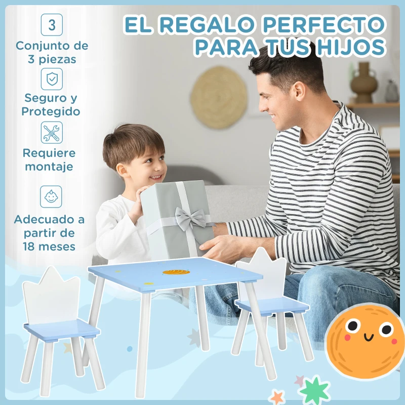 ZONEKIZ Juego de Mesa y 2 Sillas Infantiles de Madera para +18 Meses Estampado Espacial 68x68x47 cm y 30x30x51,5 cm Azul
