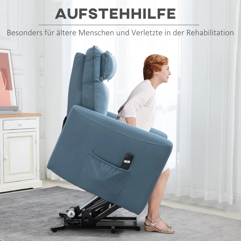 HOMCOM Aufstehsessel, Relaxsessel, mit Liegefunktion, Fernbedienung, Leinenoptik, blau, 85 x 89,5 x 105 cm