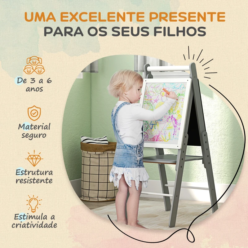 AIYAPLAY Cavalete para Crianças com Quadro Branco e Quadro Negro com Altura Ajustável Cavalete de Arte para Desenhos 3 em 1 com Rolo de Papel 40x56x107/112/117 cm Cinza
