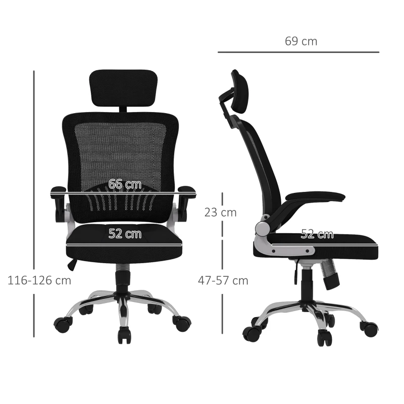 HOMCOM Sedia da Ufficio con Poggiatesta e Altezza Regolabili, Tessuto a Rete e Braccioli Ribaltabili, Nero